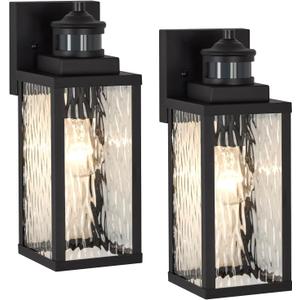 MDENLT 2 Pack Motion Sensor Outdoor Wall Lights,Updated Dusk to Dawn Outdoor Lighting, Exterior Light Fixtures Wall Mount With Water-Rippled Glass,Waterproof Black Porch Light Outside Lights for House