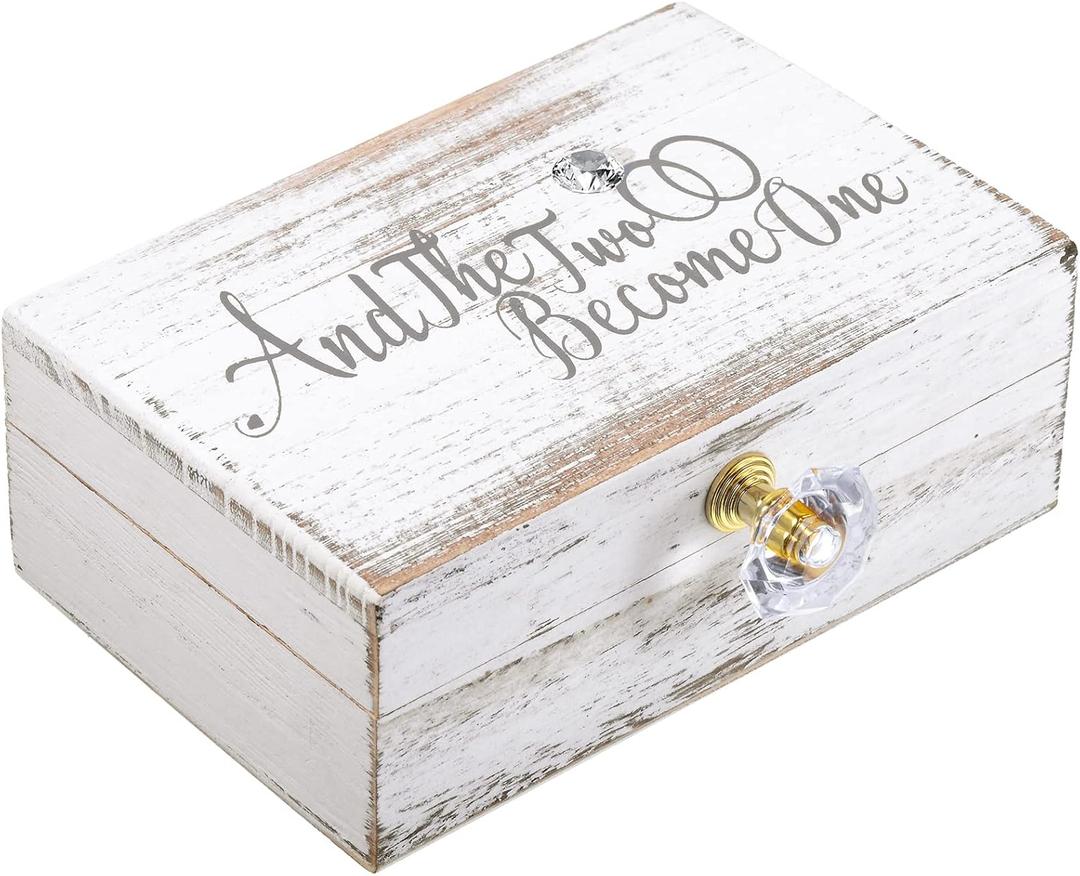 Hicarer Wedding Ring Bearer Box and The Two Become One Mr. and Mrs. Diamond Ring Box Holder Elegant Wedding Gift, 5W x 6D x 2H(White)
