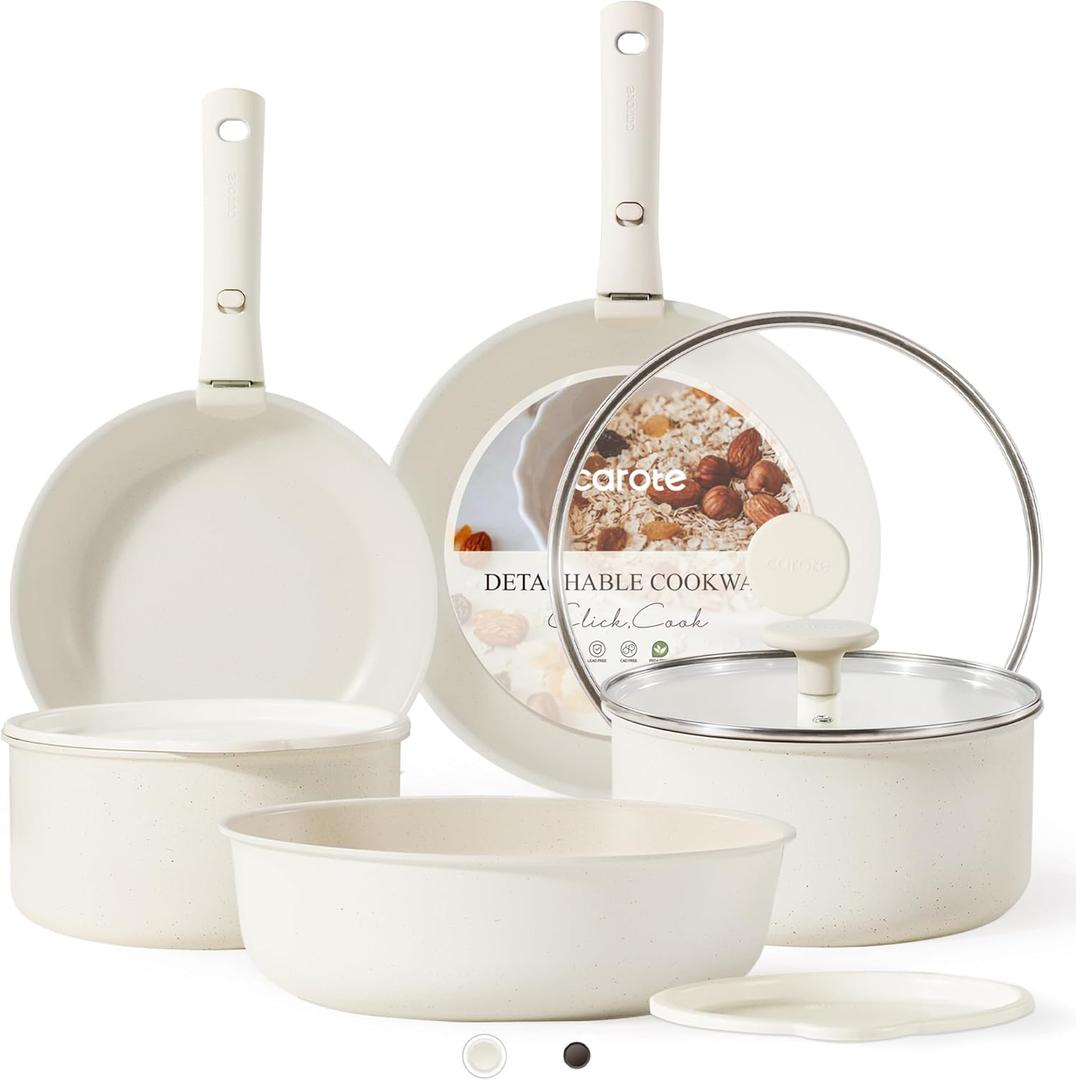 CAROTE 11pcs Pots and Pans Set, Nonstick Cookware Detachable/Removable Handle, Induction RV Kitchen Set, Oven Safe, Cream White (11 pcs Granite Set)