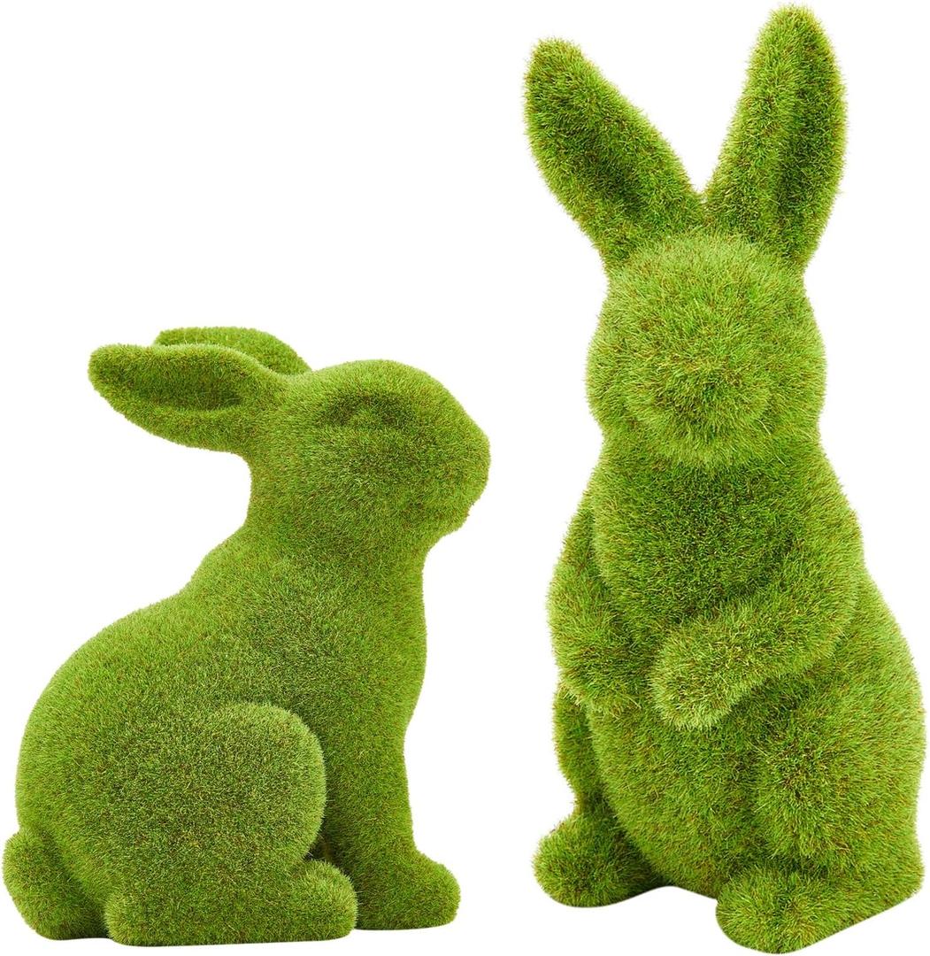 2PCS Easter Bunny Ornament Set, Green Moss Artificial Sculpture, Green Bunny Resin Ornament, Spring Garden Decoration. (Large 2PCS Standing+Sitting)