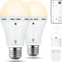 2 Pack Rechargeable Emergency Light Bulbs with Remote Timer and 3 Color Temperatures, Battery Backup Bulb for Sconces and Lamps - Dimmable 9W Power Outage Blackout LED Bulbs