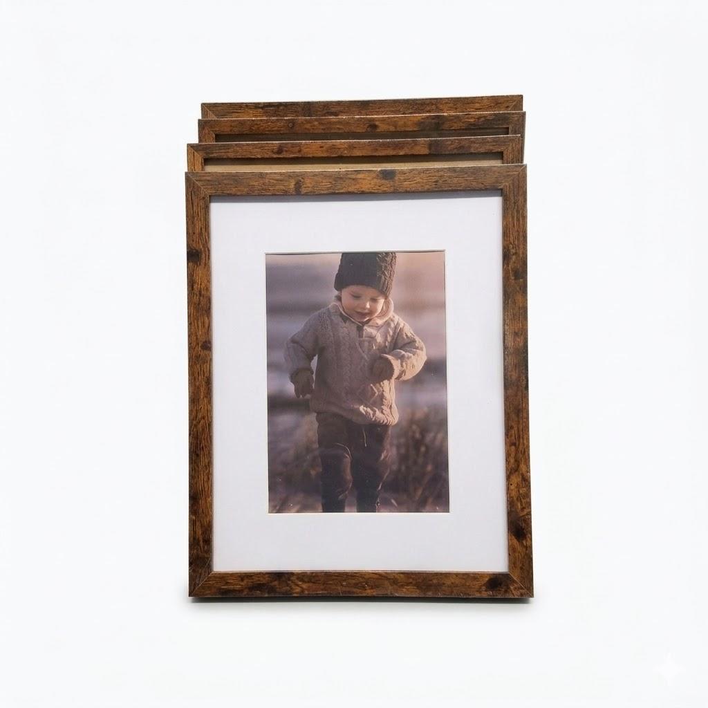 KINLINK 8x10 Picture Frame Brown Set of 4, Wooden Photo Frames Matted 5x7 with Plexiglass for 5x7 with Mat or 8x10 without Mat for Table and Wall Display