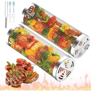 ZORMY 2pcs Rolling Grill Baskets,Grill Veggie Basket,BBQ Baskets for Grilling,Round Stainless Steel Grill Baskets for Outdoor Grill,Camping Basket for Vegetables, Birthday Gifts for Men