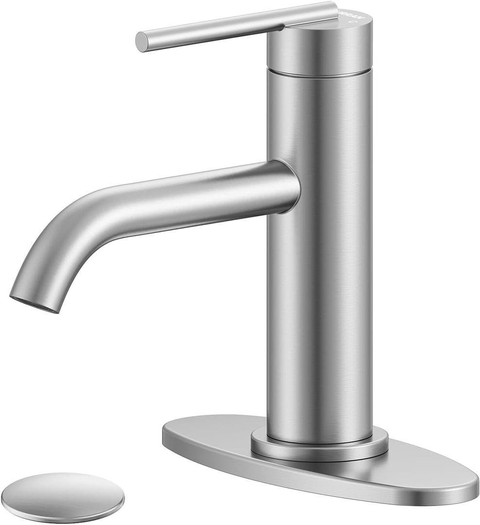 Brushed Nickel Bathroom Faucet for Single Handle HURRAN Bathroom Faucet 1 Hole with Pop-up Drain and Deck, Fits 1 Hole or 3 Hole Installations for Vanity, Bathroom & RV