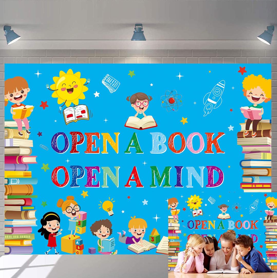 Reading Themed Backdrop Open a Book Open a Mind Background World Book Day Children Students Classroom Party Decorations Library Elementary Banner Photo Booth Props (8x6FT)