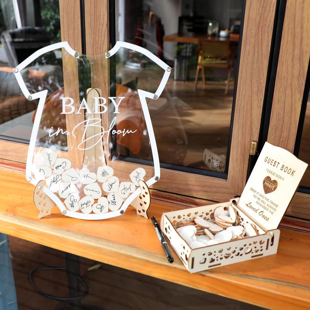 Fonder Mols Onesie Shaped Baby Shower Guest Book for Baby in Bloom Decorations, Wooden Guestbook Alternatives Gender Reveal Decorations Table Centerpiece Arrangement Display for 80 Guests