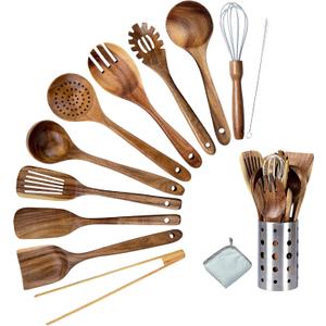 Premium Teak Wood Kitchen Utensil Set - 11-Piece Heat-Resistant Cooking Tools with Storage Holder, Non-Stick Wooden Spoons, Ladle, Turner, and More