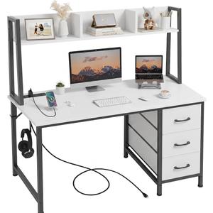 DLisiting Black Computer Desk with Hutch & Drawers - Office Desk with 3 Storage Drawers and Power Outlets, 47 Inch Modern Study Writing Desk for Bedroom Home Office