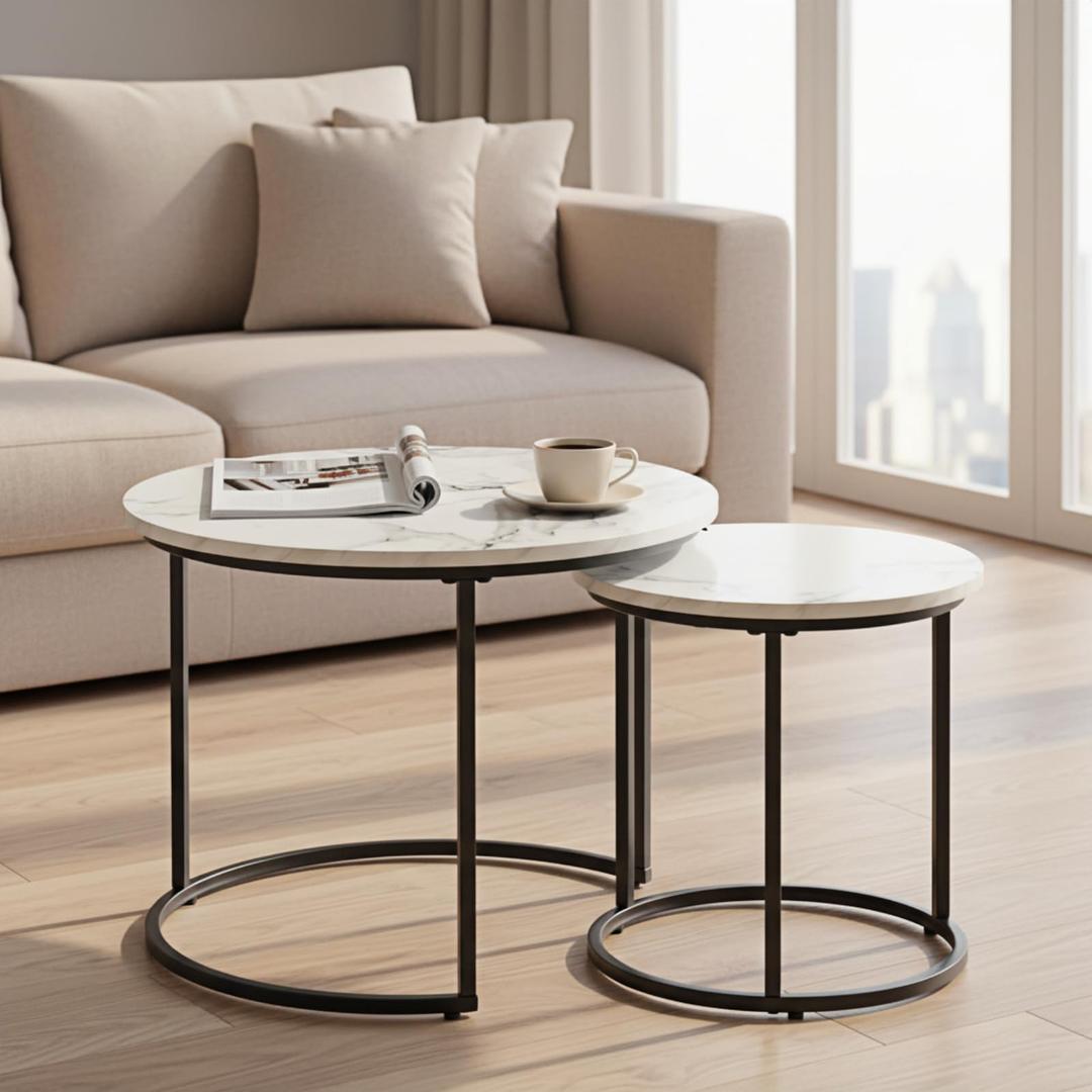 Round Nesting Coffee Table Set of 2, Modern Marble Pattern Wooden Nesting Tables, Stacking Minimalist End Table for Living Room Bedroom Small Space, White and Black