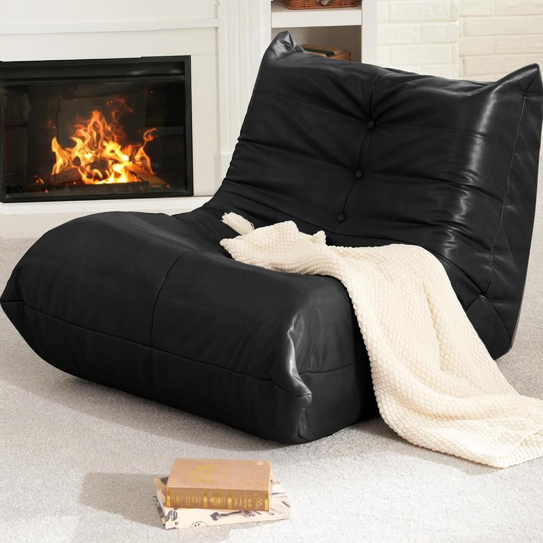 Hobestluk Bean Bag Chair Giant Bean Bag Sofa Memory Foam Bean Bag Chairs for Adults, Bean Bag Couches Faux Leather Beanbag Chairs for Living Room Bedroom Dorm Office (Black) (Single)