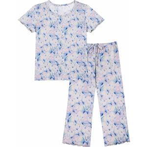 Ekouaer Women's Pajamas Set Short Sleeve Sleepwear 2 Piece Round Neck Top Capri Pants Loungewear with Pockets (X-Large, Blue/White Floral)