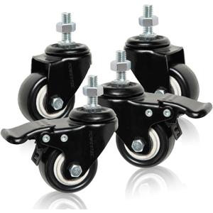 POWERTEC 2 Inch Caster Wheels Set of 4, 3/8"-16 x 1 Stem Casters - 2 Casters W/Dual Locking Break - Heavy Duty 350 lbs, 360 Swivel, PU Castor Wheels for Furniture, Carts, Trolleys, Toolboxes (17220)