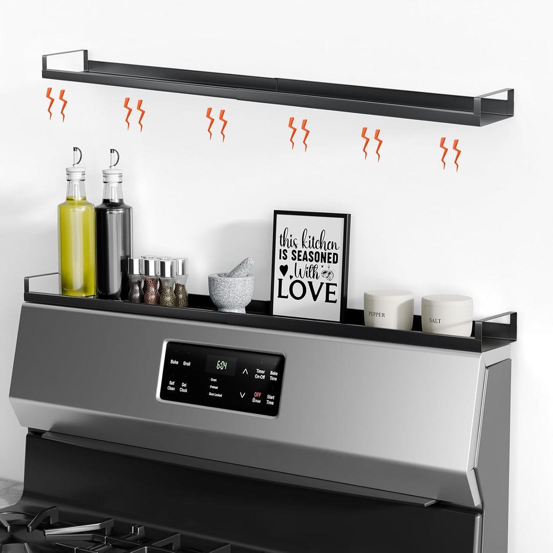 Bumusty 4X Strong Magnetic Shelf for Stove Top, 30" Adjustable Oven Shelf Spice Rack Over the Stove, Seasoning Organizer Kitchen Shelves, Matte Black (Magnetic, Black)