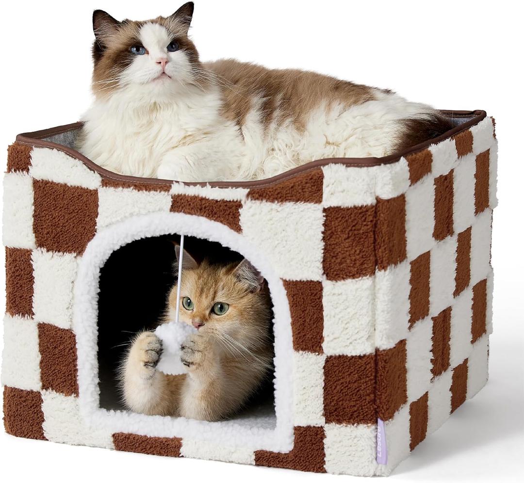 LE SURE Indoor Cat Beds Kitten House - Large Cat Cave for Pet Cube with Fluffy Ball Hanging, Foldable Small Animal Hideaway, 16.5x16.5x13 inches, Brown Checks