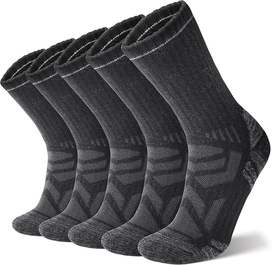 ANTSANG Merino Wool Hiking Socks, Enhanced Breathability, Targeted Cushion Thermal Socks for Men and Women, 5 Pairs,
(Black, L)