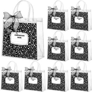 Motipuns 24 Pcs Clear PVC Gift Bags with Handles and Ribbon Party Favor Reusable Plastic Goodie Candy Treat Bags for Birthday Party Supplies(Workbook)