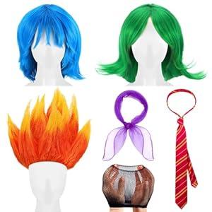 Blue Cyan Purple Wigs Set for Women Halloween Cosplay Party 3 Pieces Costume Synthetic Wig with Wig Cap Black Round Frame Glasses Anime Character Styling Accessories