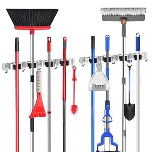 nacena 2 Pack Broom Holder Wall Mount Mop Hanger, Stainless Steel 4 Racks 5 Hooks Self Adhesive Heavy Duty Tool Organizer for Garage Kitchen Garden Laundry Room Home Silver