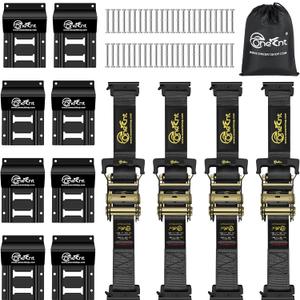 Onesnt 4Pcs E-Track Ratchet Straps with Wheel Chock Kit|2 x10 ft E Track Ratchet Tie Down Straps for 4800 lbs Break Strength Heavy Duty etrack Cargo Strap System Tie Down|E Track Spring Fitting