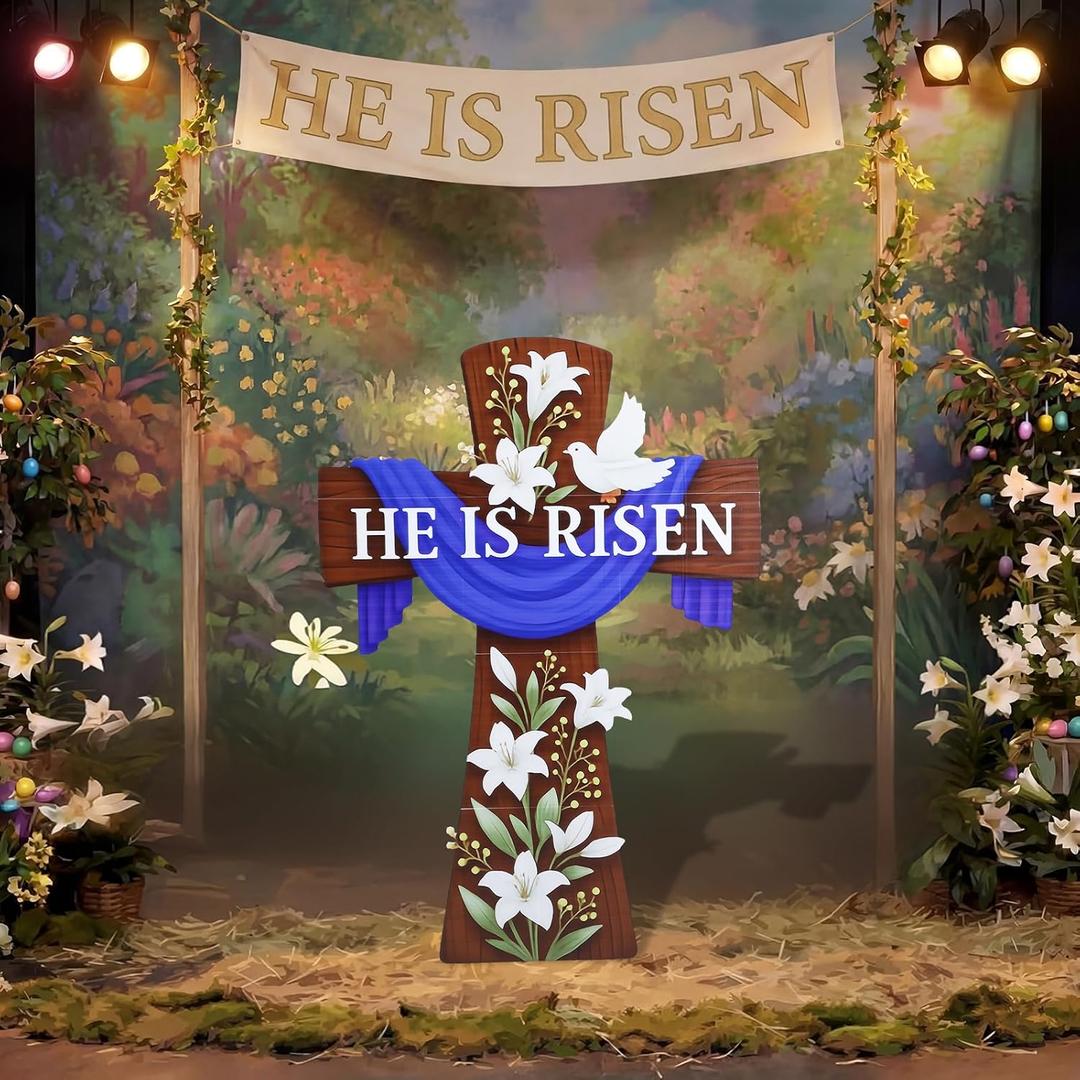 Tatuo 47" H Easter He is Risen Cardboard Cutout Stand up Religious Easter Cross Sign Decorations Life Size Photo Booth Props for Religious Christian Church Backdrop Background Party Supplies