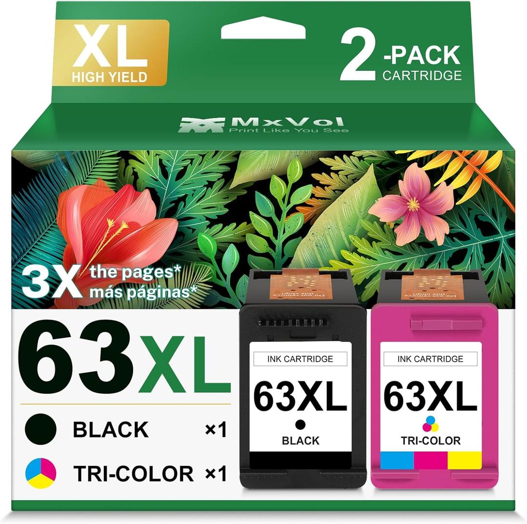 MxVol 63XL Ink Cartridge Replacement for HP Ink 63 XL HP63 High Yield Ink Compatible for HP Deskjet 1112 3637 3630 2130 Officejet 4650 3830 5200 5255 5258 Envy 4520 4510 2-Pack Black and Color