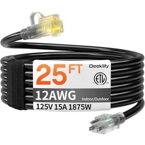 12AWG 25 FT Heavy Duty Outdoor Extension Cord Waterproof with Lighted End,Black 12 Gauge Extension Cord Flexible and Cold Resistant 3 Prong Grounded Plug,15Amp 1875W SJTW ETL Listed