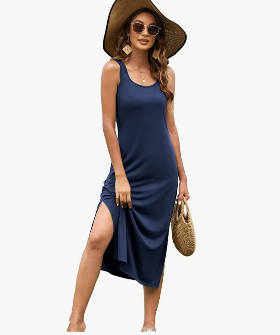Naggoo Women's Sleevelee Tank Dress Midi Summer Casual Scoop Neck Basic Split Maxi Tshirt Sundresses with Pockets,L