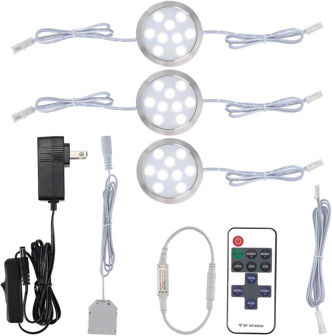 Meigour Kitchen Above Under Cabinet Lights Kit, Linkable Daisy Chained Wired Round LED Puck Light, Wireless Remote Dimmable, 120V to 12V Wall Plug in Counter Lighting Fixture, 3 Lights, Cool (White)