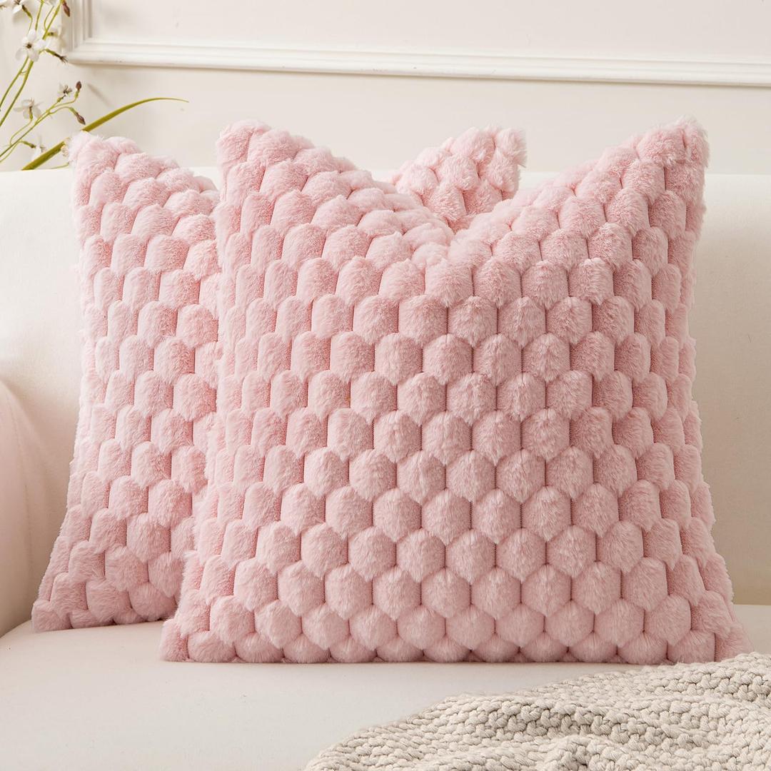 MIULEE Pink Faux Fur Decorative Throw Pillow Covers 20x20 Inch Set of 2 Super Soft Cozy Plush Cushion Cases Luxury Fluffy Pillowcases for Sofa Couch Bed Living Room