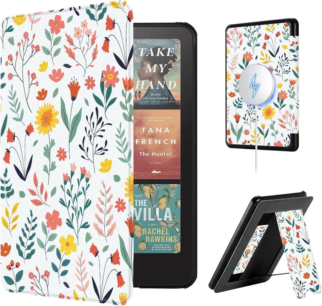 2 x CoBak Lightweight Stand Case for 7" Kindle Paperwhite 12th Gen 2024 and Kindle Colorsoft with Right Hand Strap - Compatible with iPhone MagSafe, for Samsung/Belkin/Anker Wireless Charging Pads (Flower Sea)