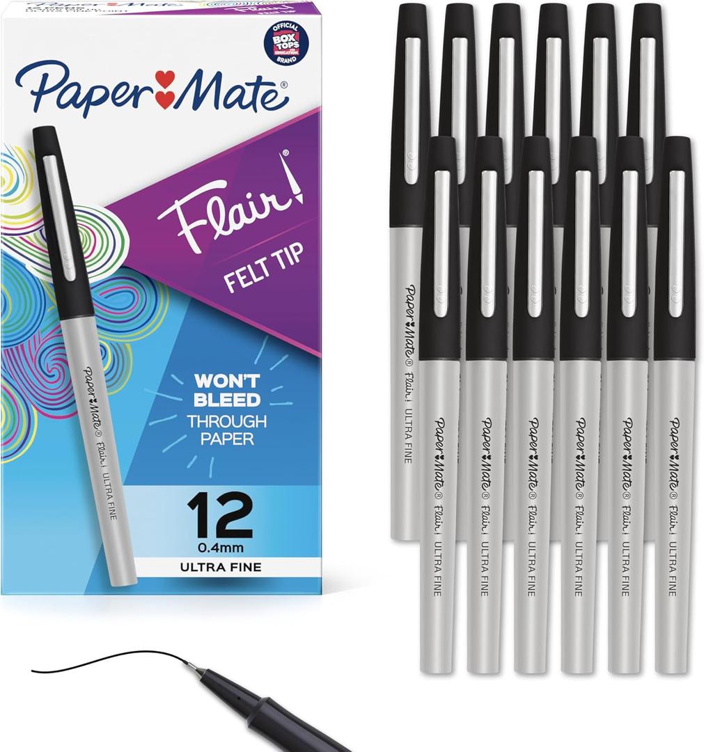 Paper Mate Flair Felt Tip Pens, Ultra Fine Point (0.4mm), Black, 12 Count, perfect for precise and expressive writing