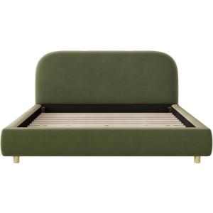 Modern Velvet Fabric Upholstered Platform Bed Frame with Curved Headboard Modern Stylish Design, No Box Spring Needed Comfortable Durable Bedroom Furniture Easy Assembly (Queen+Olive Green)
