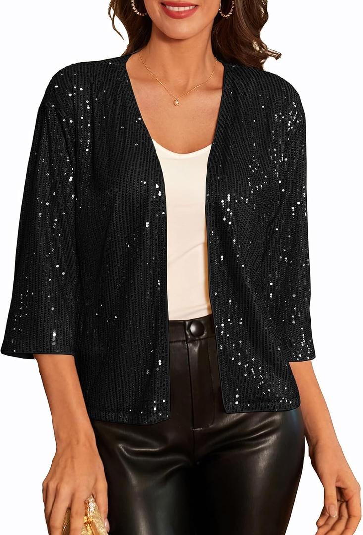 GRACE KARIN 2024 Women's 3/4 Sleeve Sequin Jackets Open Front Sequin Cardigan Sweaters Blazer, Size: Small