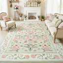Maxsoft 8x10 Area Rugs for Living Room Bedroom, Floral Vintage Large Rug with Rubber Backing: Soft Non-Slip and Washable Low Pile Throw Carpet for Dining Room Kitchen Home Decor, Green