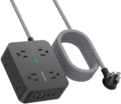 Power Strip Surge Protector 10 Ft Cord, HANYCONY Extension Cord Flat Plug with 8 Outlets 4 USB Ports(2 USB C), Wall Mount, Desk Charging Sation for Home Offcie