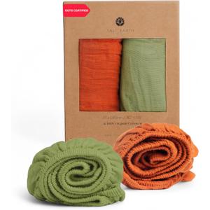 Salt Earth 100% Organic Cotton Muslin Standard Fitted Crib Sheet for Boys, Girls & Toddlers  52"x28", 2 Pack Soft Breathable Natural Cotton Mattress Bed Sheets, Neutral Crib Sheet (Green & Rust)