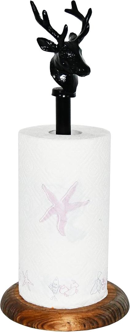 OwlGift Deer Paper Towel Holder Stand, Elk Freestanding Paper Towel Roll Dispenser for Kitchen Countertop Fits Standard and Jumbo Size Paper Towels w/Top Cast Iron Reindeer Farmhouse Design (Black)