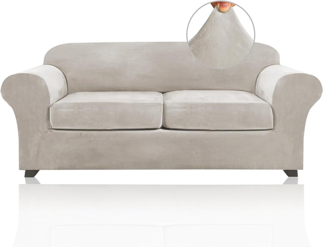 Couch Cover Velvet Plush Sofa Covers for 2 Cushion Couch Width Up to 90 Inch Washable Furniture Protector Pet Friendly No Slip Sofa Slipcover(Medium-Large, Oatmeal)