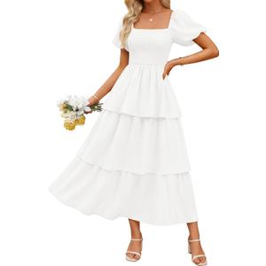 ZESICA Women's Summer Smocked Midi Dress 2026 Casual Puff Short Sleeve Flowy Tiered Boho Beach Vacation Long Dresses (Medium, White)