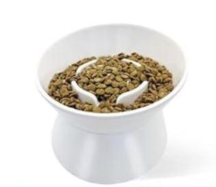 F FD Hub Tilted Raised Slow Feeder Bowl for Cats and Small & Medium Dogs, Raised Design Improves Posture, Spiral Inner Shape Prevents Fast Eating, Dishwasher Safe, 10 oz (White, L-Cats)