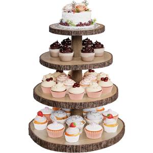 SANYOUNG Wood Cupcake Stand, 4 Tier Wooden Cupcake Tower, Large Rustic Cake Display Holder Stand for Woodland Baby Shower, Wedding, Birthday, Tea Party, Farmhouse Dessert Table Decorations