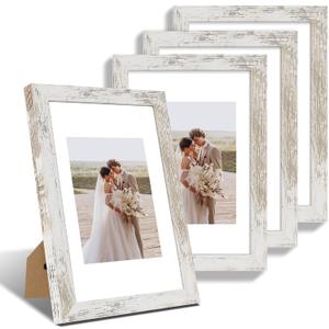 Hongkee 8x12 Picture Frame Set of 4, Made of Glass and Distressed White Wooden Frame - Display 6x8 Picture with Mat or 8 x 12 Poster Without Mat, 8 by 12 Photo for Wall or Tabletop