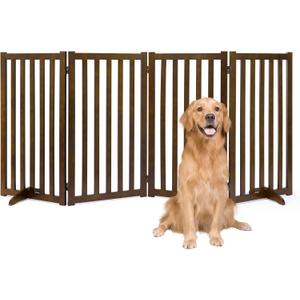 36" Height Extra Tall Freestanding Pet Gate, Solid Wood Folding Safety Fence Wooden Dog Gate with 2 PCs Support Feet Ideal for Stairs, Doorways, Halls, Kitchens, Heavy Duty Gates, 4 Panels, Walnut (36"-4 Panels)