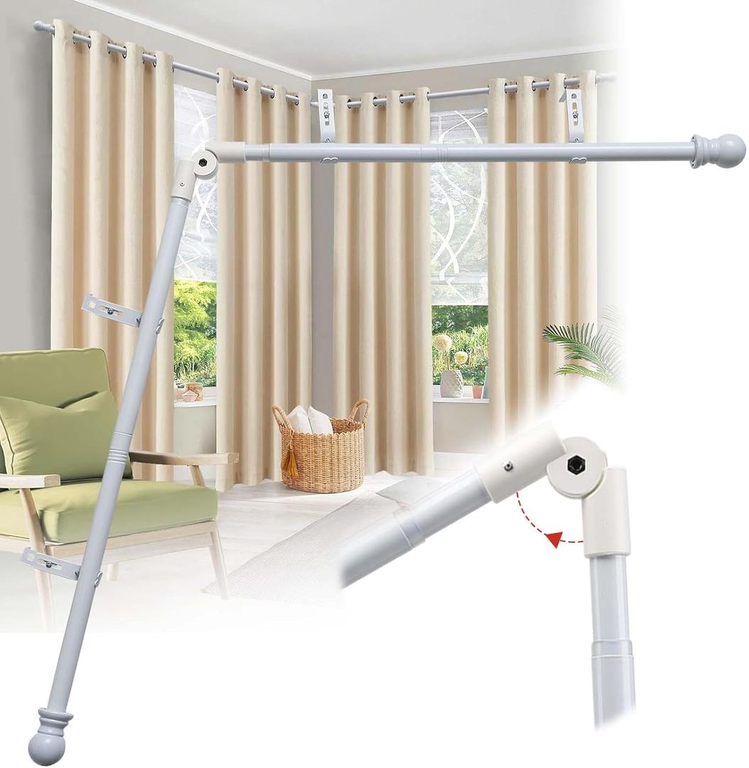 Corner Window Curtain Rod, 1" Heavy Duty L-Shaped Curtain Rods, 36-136" Adjustable with 180 Connector, DIY Angled Curtains Rod for Bay Window, Corner Windows and Curved - White