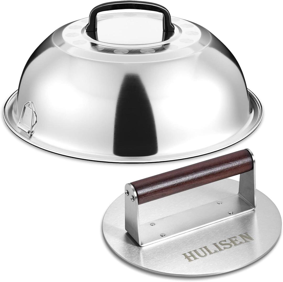 HULISEN Heavy-Duty Burger Press & Melting Dome Set, 8.5 Inch Round Stainless Steel Bacon Press with Wooden Handle, 12 Inch Basting Cover, Griddle Accessories Kit for Flat Top Grill Indoor/Outdoor