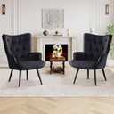 Furniliving Velvet Accent Chair for Living Room, Upholstered Reading Chair with High Backrest, Tufted-Button Wingback Armchair for Bedroom, Dressing Room, Home Office, Black, Set of 2