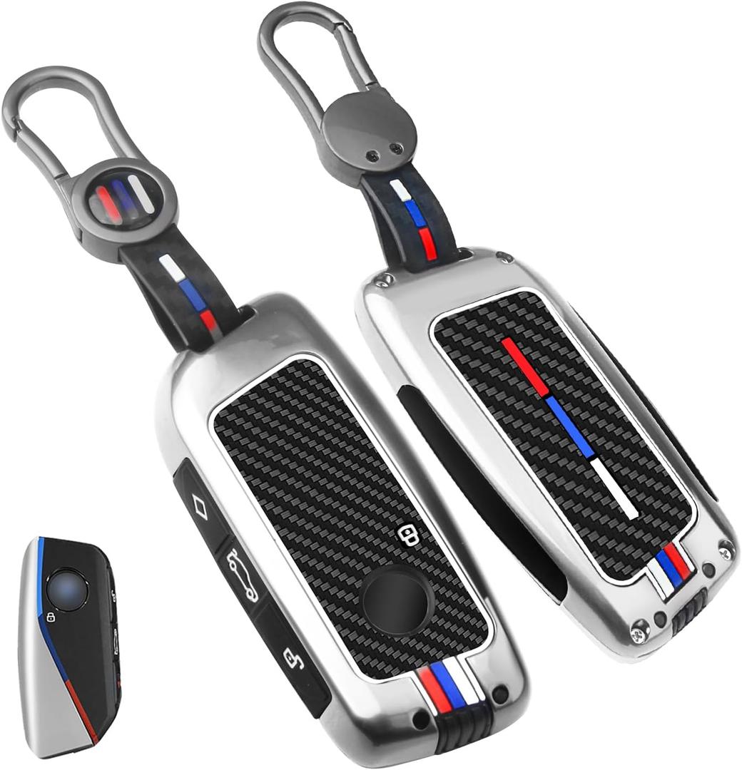 1Pcs Heavy Zinc Alloy Key Fob Cover for BMW 2023-2025, Full Protection Remote Keychain with Carbon Fiber Pattern Compatible with BMW New 5/7 Series X1 X5 x6 x7 XM IX IX3 I5 I7 740i 760i(Silver-CF)