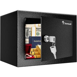 Bonsaii Safe Box with Key Lock, Steel Security Lock Box, 0.23 Cubic Feet, 9.06" W x 6.69" D x 6.69" H, Small Hidden Safe for Cash Jewelry, Black