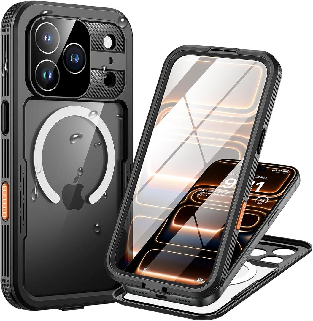 Lanhiem Magnetic for iPhone 17 Pro Max Case, IP68 Waterproof Dustproof Case, [Compatible with Magsafe] [Built-in Screen Protector] Full Body Heavy Duty Rugged Phone Cover 6.9 inch, Black/Clear