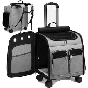 Wheeled Pet Carrier Backpack Pet Stroller, Travel Carrier, Car Seat for Small Dogs Cats Puppies, Comfort Cat Backpack Removable Rolling Wheels Mesh Ventilation Windows (Large Grey)